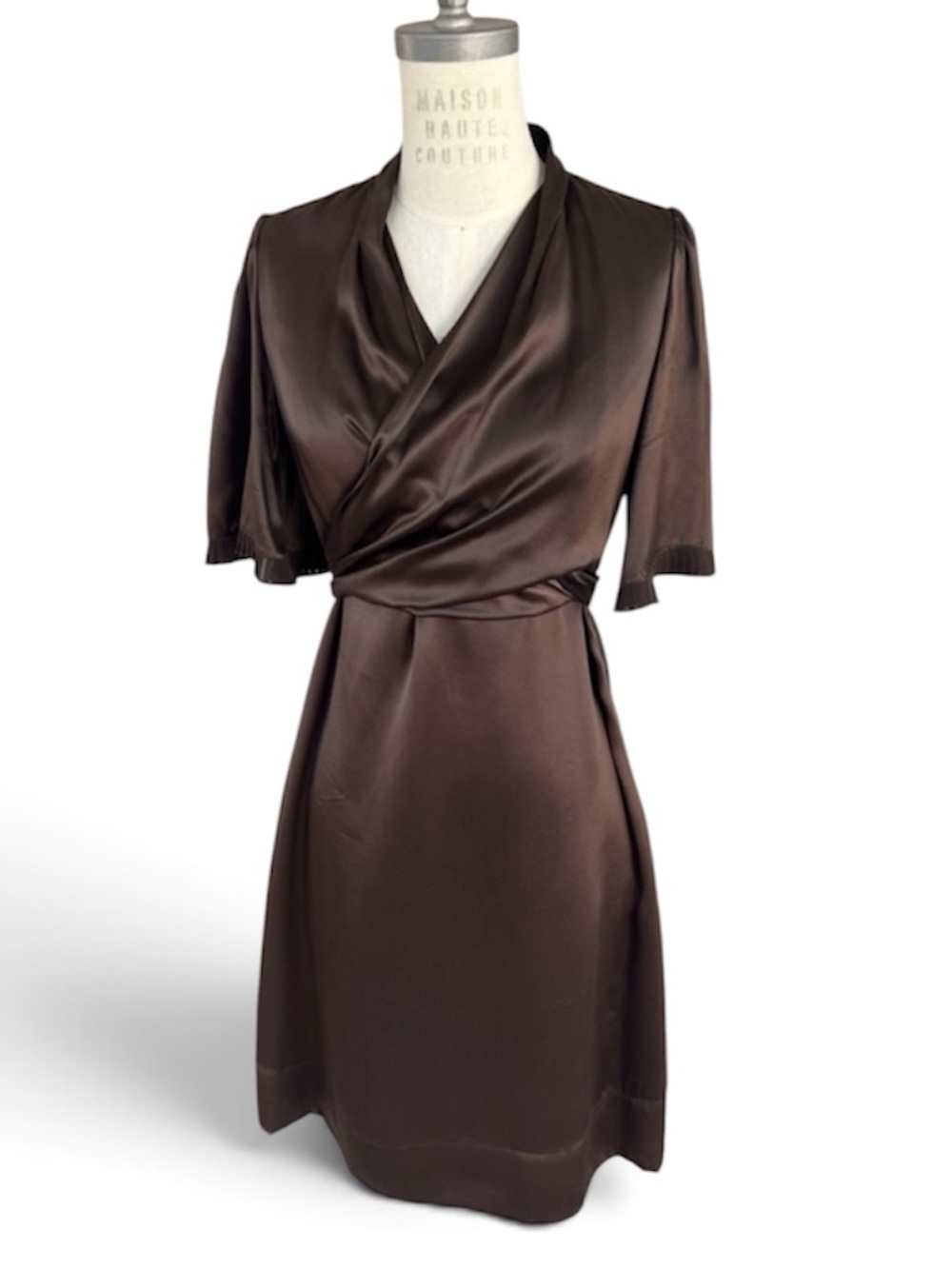 BCBG Max Azria 100% Silk Chocolate Brown Wrap Dress S Y2K